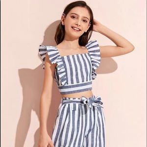 Girls Ruffles Armhole Striped Pants Set